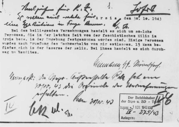 Comunicazione di un SS da Arsia il 30 ottobre 1943 - Interrogatori della milizia fascista - Arresto di prigionieri politici (detti banditi) - Nazismo - Seconda guerra mondiale