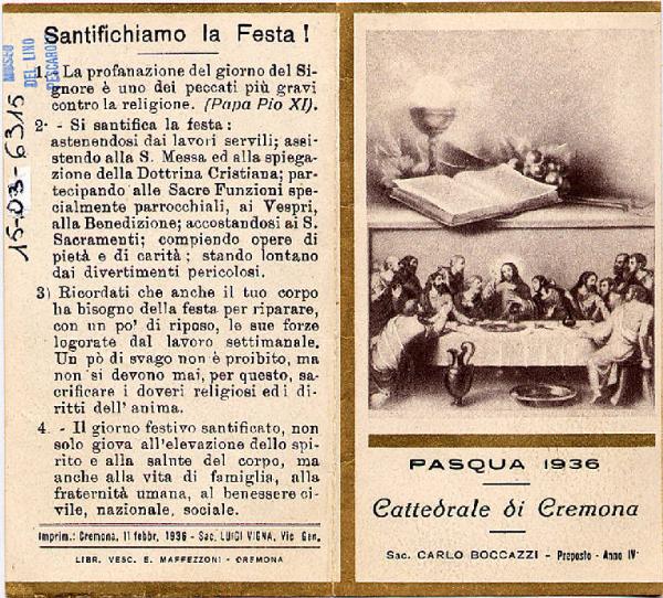 Ultima Cena Pasqua 1936 Cattedrale CR.