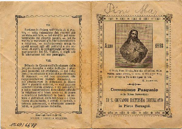 Pieghevole.S.Cuore di Gesù.Comunione Pasquale-Pieve Terzagni 1898.