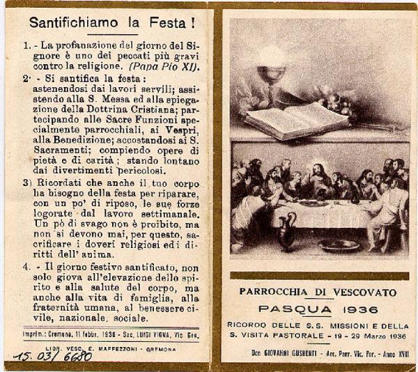 Pieghevole.Ultima Cena.Ricordo SS.Missioni e S.Visitita Pastorale 19-29 marzo 1936-Pasqua-Parrocchia di Vescovato.