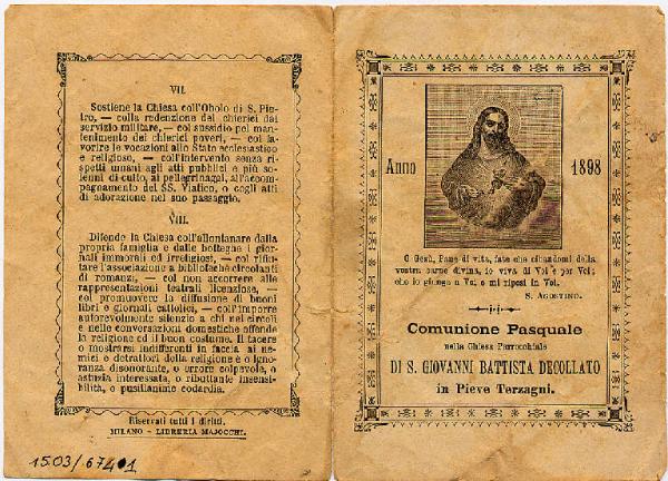 Pieghevole.Sacro Cuore di Gesù.Anno 1898.Comunione Pasquale, Pieve Terzagni.