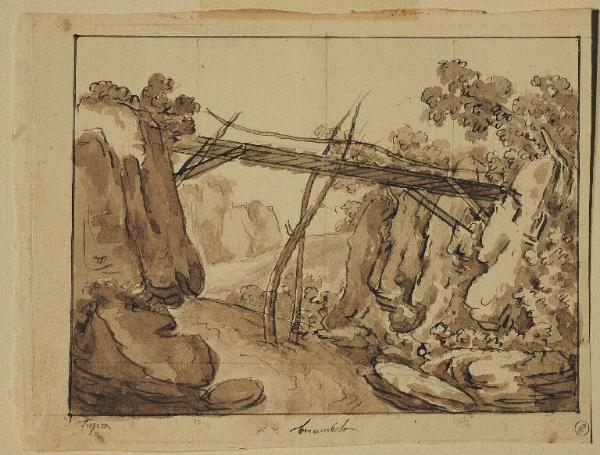 Scena raffigurante un ponte in legno tra le rocce