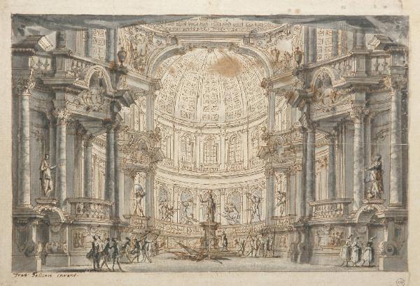 Scena raffigurante magnifica sala con figurini incollati per il Tempio dedicato ad Ercole dell'opera La Vittoria di Imeneo