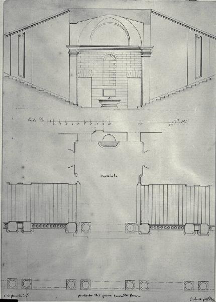 Pianta e prospetto del porticato del piano terra del Palazzo di Brera a Milano