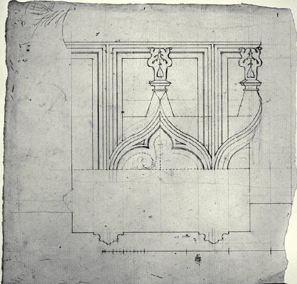 Pianta e prospetto di elemento decorativo a fiamma per il Duomo di Milano