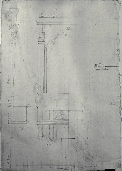 Prospetto e sezione di un pulpito della chiesa dei SS. Pietro, Marcellino e Erasmo a Besana in Brianza