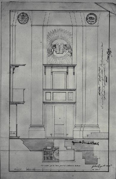 Pianta, prospetto e sezione del pulpito della chiesa di S. Francesco di Paola a Milano
