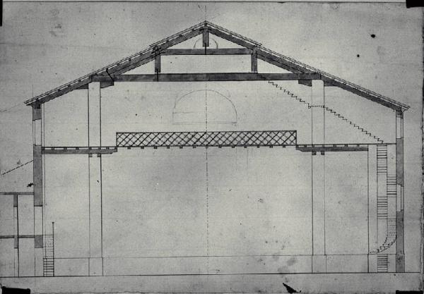 Sezione trasversale del palcoscenico del Teatro di Monza con l'armatura del tetto