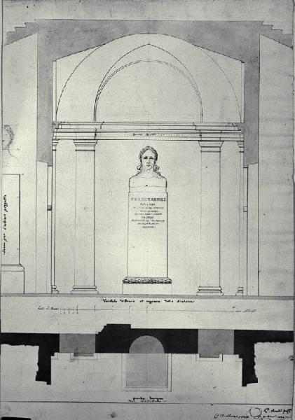 Pianta e prospetto del vestibolo d'ingresso del Palazzo di Brera a Milano con busto in onore di Ferdinando I