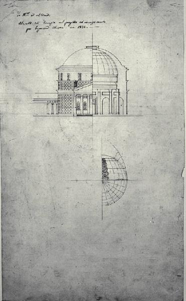 Prospetto e sezione del tempio con cupola di un campo santo con dettagli costruttivi della cupola