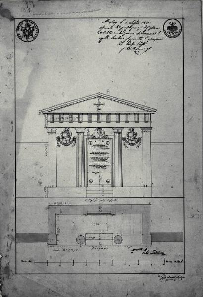Pianta e prospetto dell'edicola funeraria per il barone Augusto Bataille già nel cimitero di Porta Romana a Milano