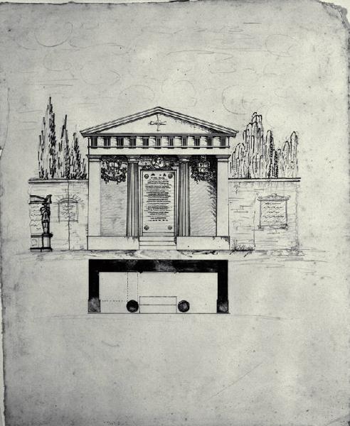 Pianta e prospetto dell'edicola funeraria per il barone Augusto Bataille già nel cimitero di Porta Romana a Milano