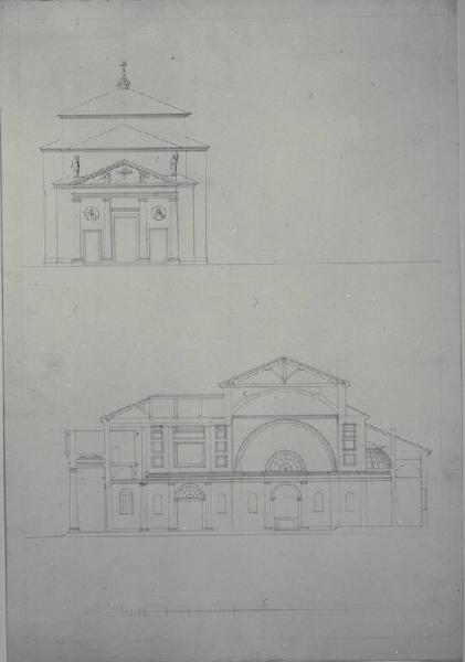 Prospetto e sezione longitudinale della chiesa di S. Bartolomeo a Brugherio