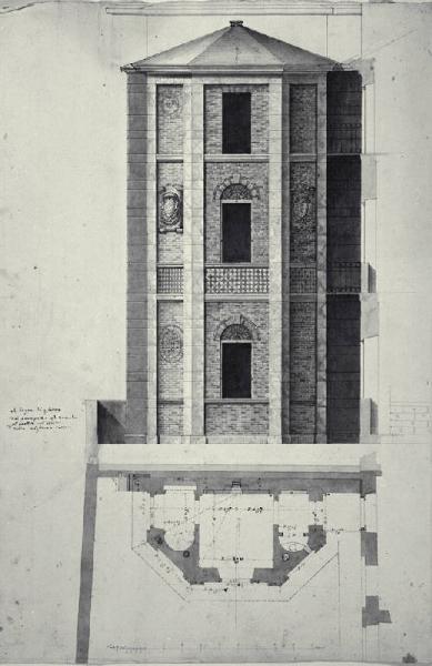 Pianta, prospetto frontale e laterale di edicola a pianta semiottagonale e a tre piani per la Casa di Carlo Amati a Milano (già Contrada della Spiga 788)