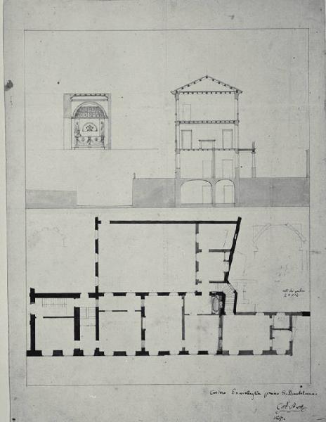 Pianta e prospetto del vano con vasca monumentale al primo piano di Palazzo Somaglia a Milano (già Strada de' Fatebenefratelli 1449)