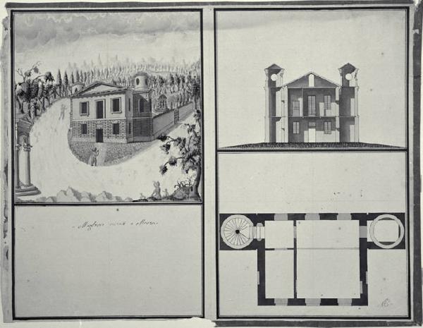 Pianta, sezione, veduta prospettica ambientata della fronte di una casa con giardino a Muggiò