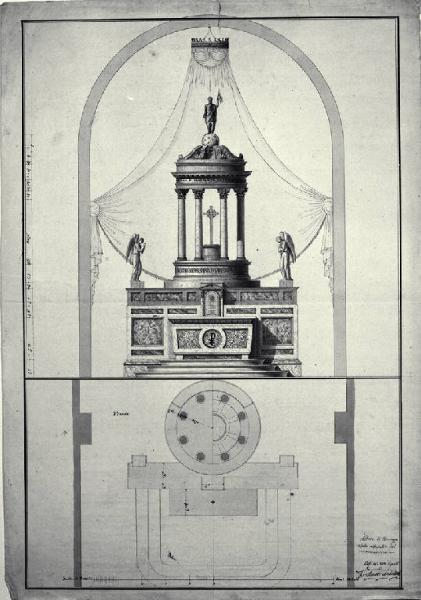 Pianta e prospetto dell'altare della chiesa di S. Giovanni Battista a Binago