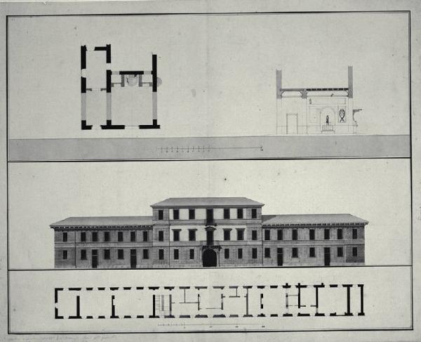 Pianta e prospetto della Villa Durini (detta Grassa) a Monza con pianta e sezione di un locale