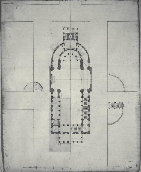 Pianta della chiesa di S. Antonio Nuovo a Trieste con dettagli dei lacunari e della cupola