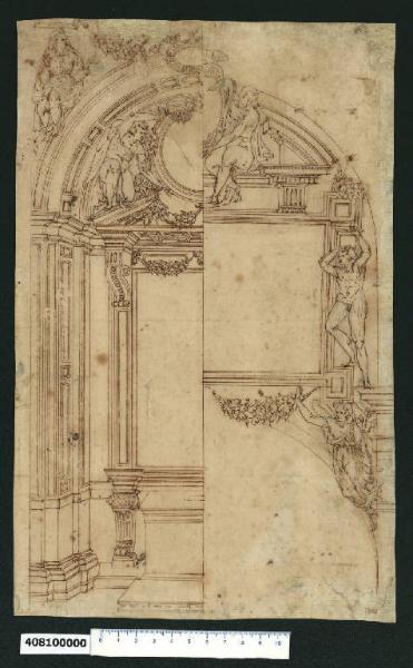 Veduta prospettica di una cappella in S. Giacomo degli Spagnoli a Roma (?) e prospetto di altra cappella