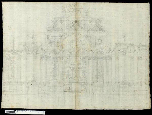 Prospetto di cornice architettonica con altare e cappelle funerarie