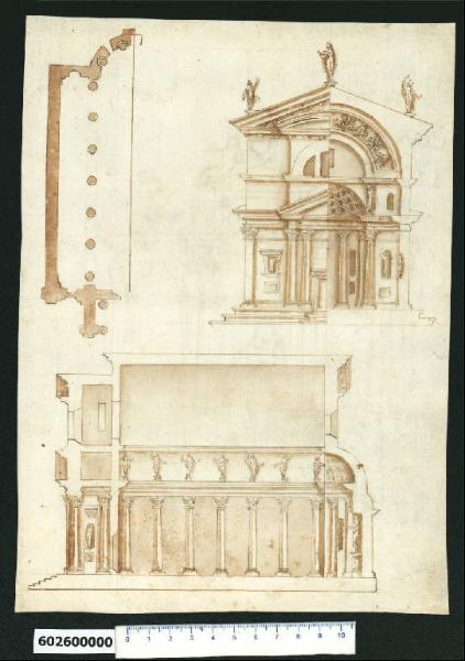 Sezione longitudinale, pianta, sezione trasversale e prospetto parziali di basilica romana