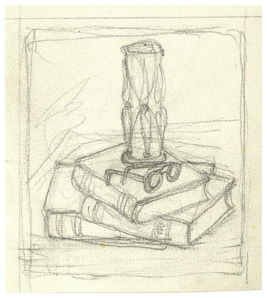 Clessidra su una pila di libri (disegno preparatorio per la copertina di Giovanni Papini, Scrittori e artisti, Milano, Mondadori, 1959)