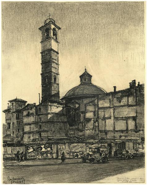 La chiesa San Carlo durante la demolizione al largo San Babila.