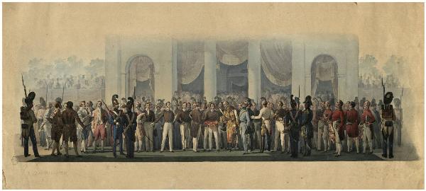 Le autorità municipali attendono il corteo di Ferdinando I per la consegna delle chiavi di Milano, 1848