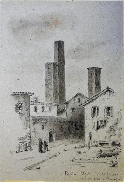 Scorcio urbano di Pavia con torri medievali