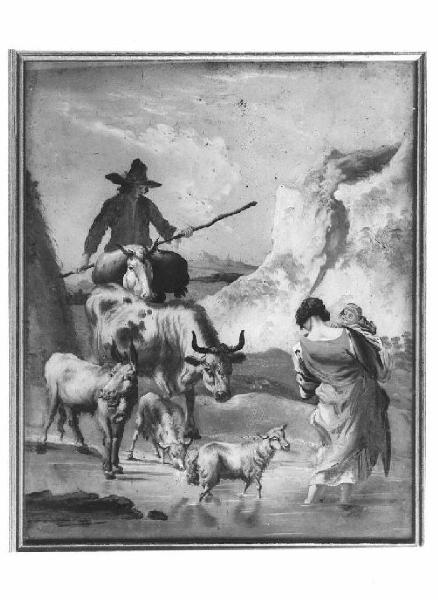 Coppia di pastori con bambino e animali guadano un torrente