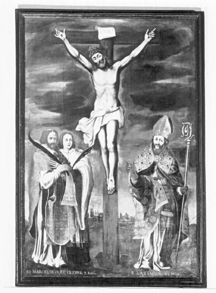 I santi Marcellino, Pietro e Latino in adorazione del Crocifisso.