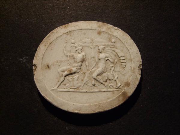 Achille (?) seduto su un letto con Cerbero e figura femminile vicino