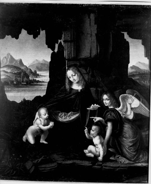 La Madonna col Bambino, San Giovannino e un angelo (dalla Vergine delle Rocce di Leonardo); Grottesche (sul verso)