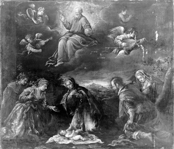 Madonna in adorazione di Gesù Bambino, Dio Padre benedicente e devoti