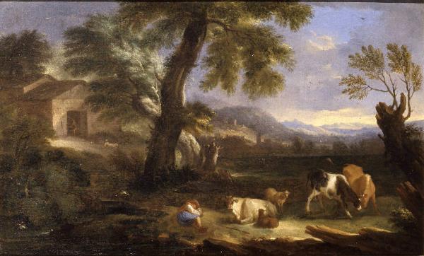 Paesaggio campestre con pastore e animali