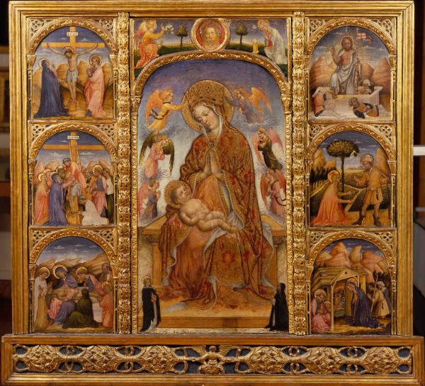 Madonna con Bambino in trono con storie della passione di Cristo
