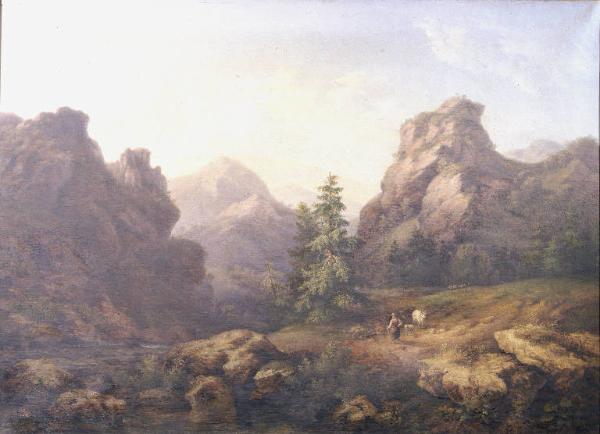 Paesaggio montano con pastorella e armenti