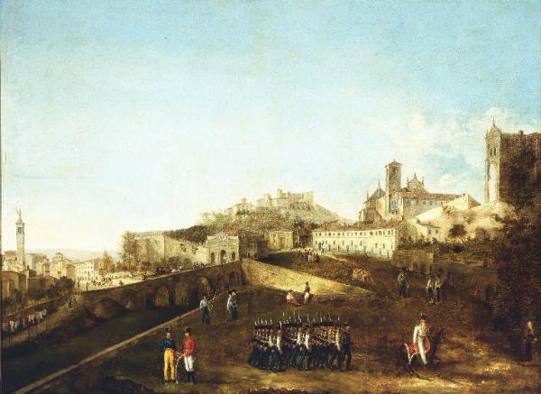 Veduta di Porta Sant'Agostino a Bergamo con parata militare