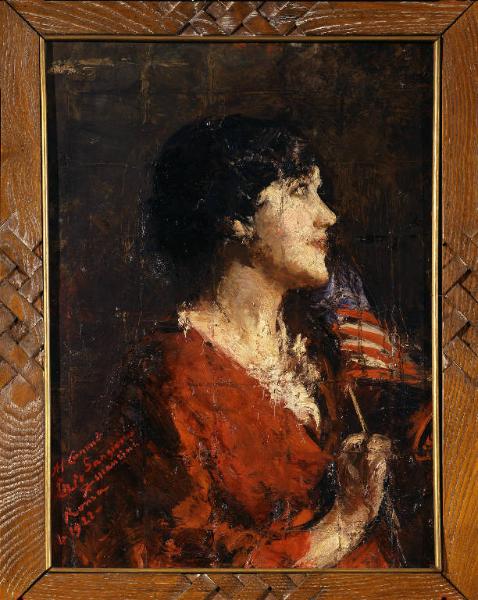 Ritratto di Maria Sangiovanni con la bandiera degli Stati Uniti d'America