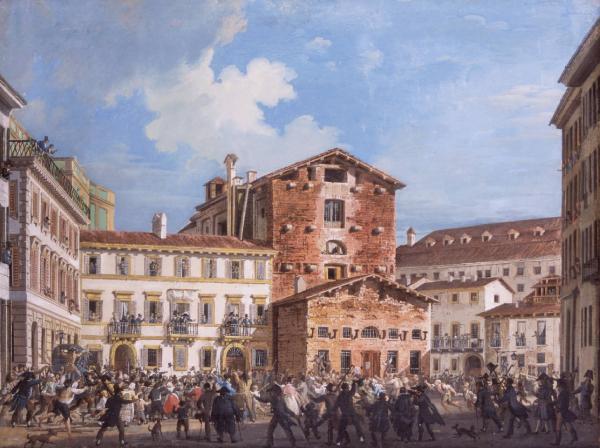 Dal balcone di casa Soresi in piazza del Teatro Filodrammatico in Milano, gen. Domenico Pino arringa i tumultuanti (20 aprile 1814)
