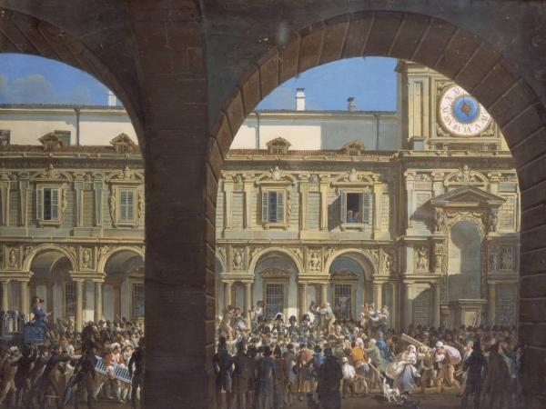 In piazza dei Tribunali (Mercanti) in Milano, il gen. Domenico Pino arringa i tumultuanti (20 aprile 1814)