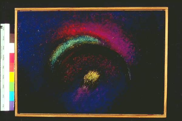 Su uno sfondo nei toni del blu - viola, due segni curviformi, uno verde ed uno nero; sotto quest'ultimo, elemento tratteggiato giallo (una stella?)