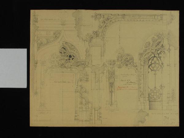 Disegno di alzato SO, tettoia e vestibolo, particolari dei vani e delle porte del Palazzo della  Regaleira a Sintra
