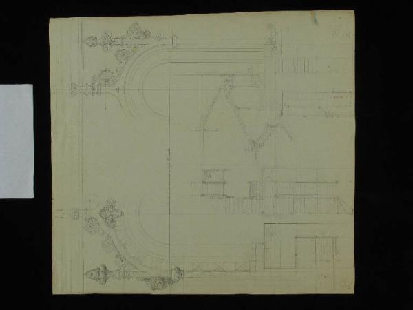 Disegno della rampa della scalinata del piano terra; particolari delle finestre del 2° piano; pianta; alzato e cortile per il Palazzo della Regaleira
