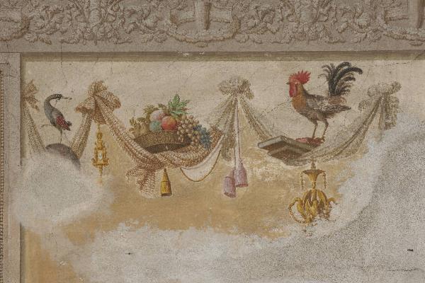 Motivi decorativi con animali e cesto di frutta