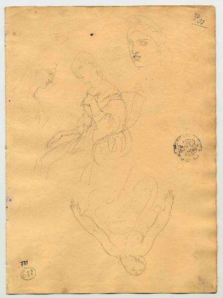 Ritratto di Cristina Belgiojoso Trivulzio, nudo femminile e teste da sculture classiche (già Testa femminile ideale. Altri schizzi di teste, nudo in mezza figura e donna svenuta - Samek)