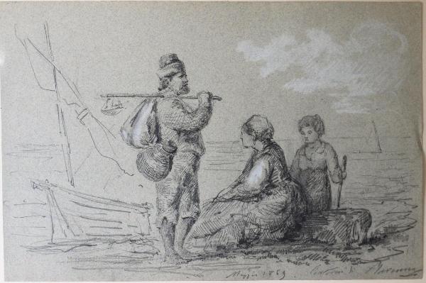 Pescatore con donna e bambino in riva al mare