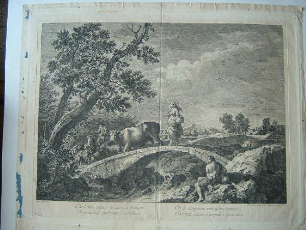 Paesaggio con pastori e gregge che attraversano un ponte
