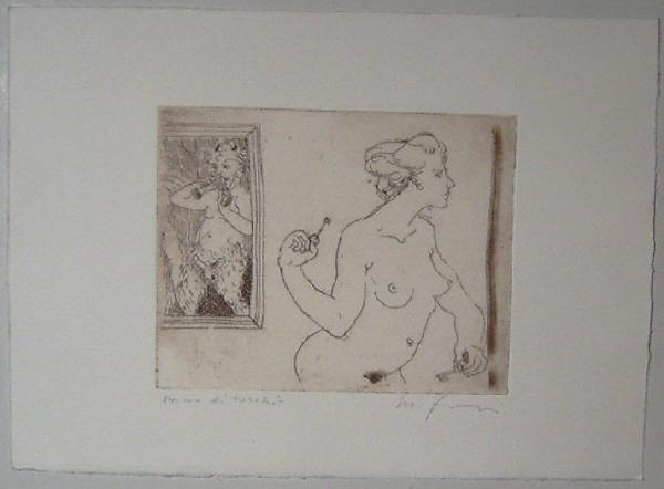 Figura femminile nuda con due chiavi in mano e satiro